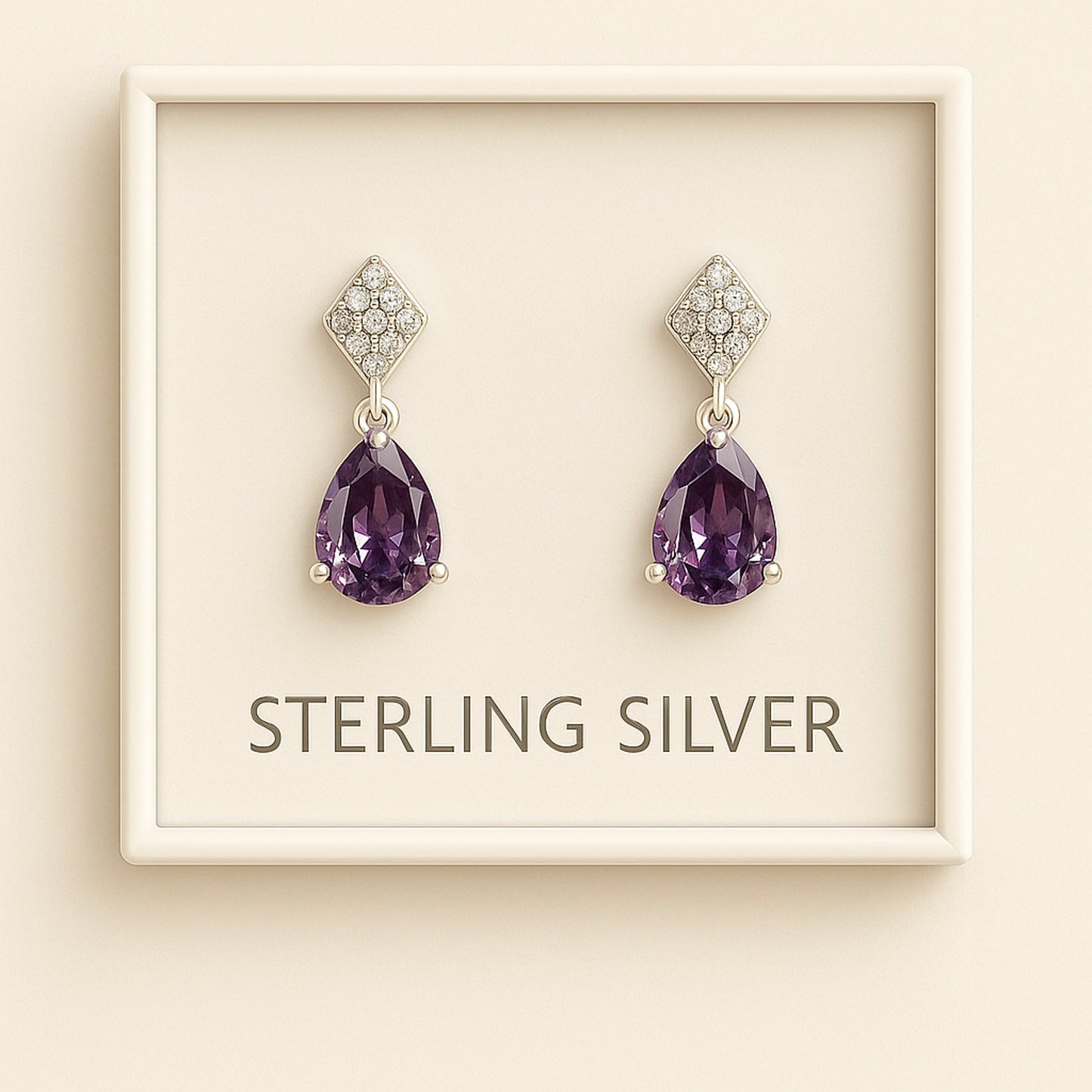 Sterling Silver Teardrop Earrings – Purple CZ with Sparkling Studded Top