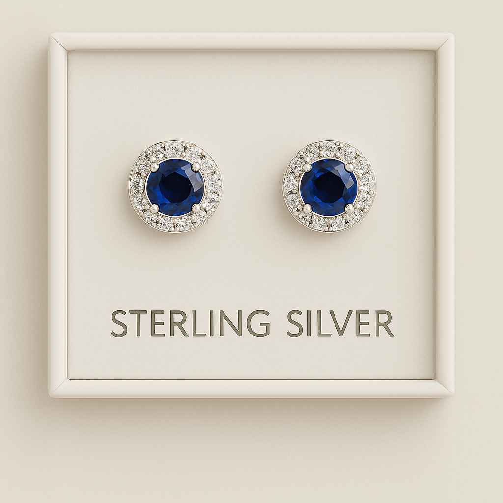 925 Sterling Silver Sapphire Halo Stud Earrings – Round Cut with CZ Accent