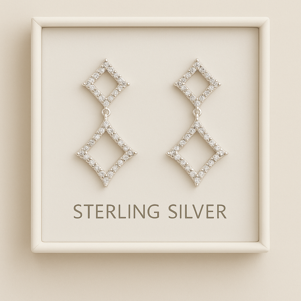 Sterling Silver CZ Geometric Drop Earrings – Double Diamond Design