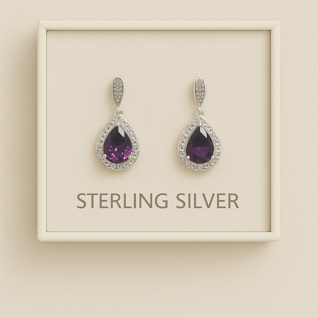 Elegant Teardrop Halo Earrings – Sterling Silver with Purple CZ