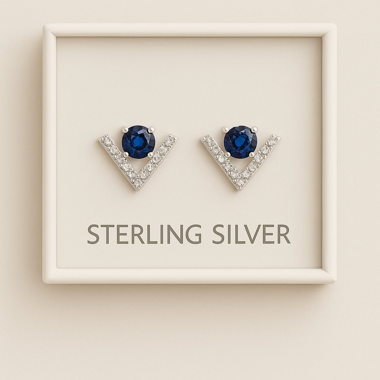 Modern V-Cut Earrings with Blue Center Stone – 925 Silver