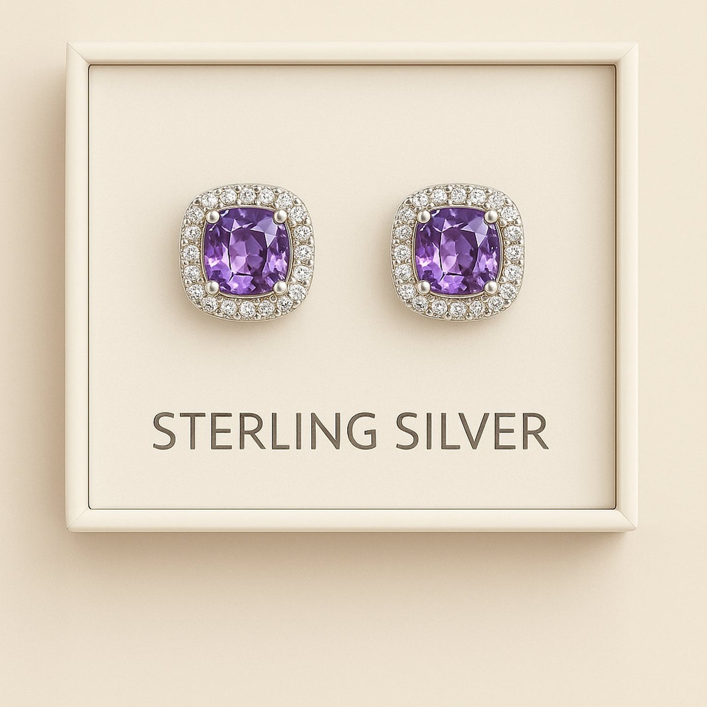 Sterling Silver Cushion-Cut Amethyst CZ Halo Stud Earrings