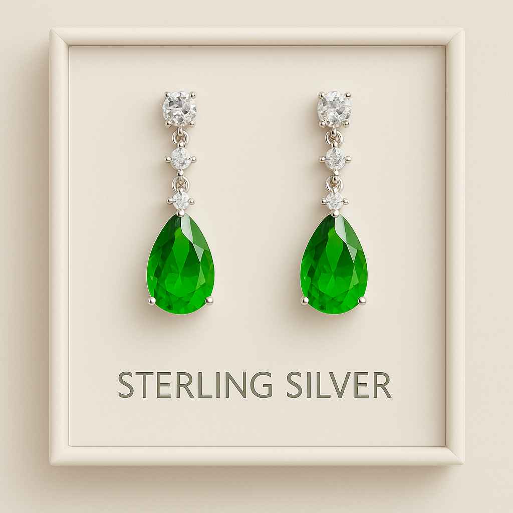 925 Sterling Silver Drop Earrings with Green Teardrop CZ – Elegant Dangle Design