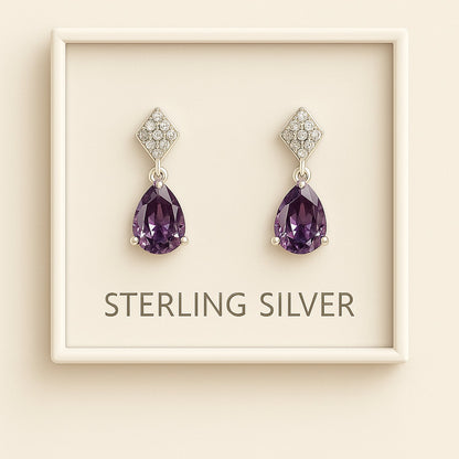 Sterling Silver Teardrop Earrings – Purple CZ with Sparkling Studded Top