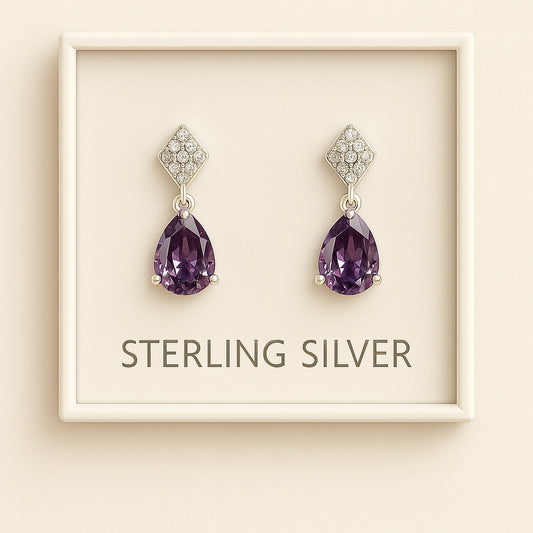 Sterling Silver Teardrop Earrings – Purple CZ with Sparkling Studded Top