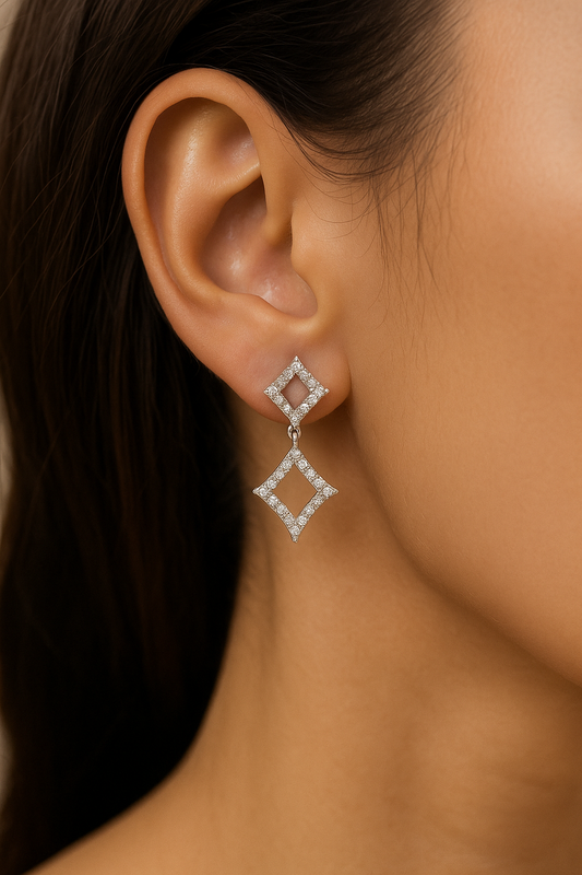 Sterling Silver CZ Geometric Drop Earrings – Double Diamond Design