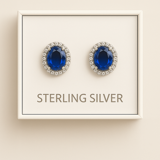 Silver Clear & Sapphire CZ Oval Stud Earings