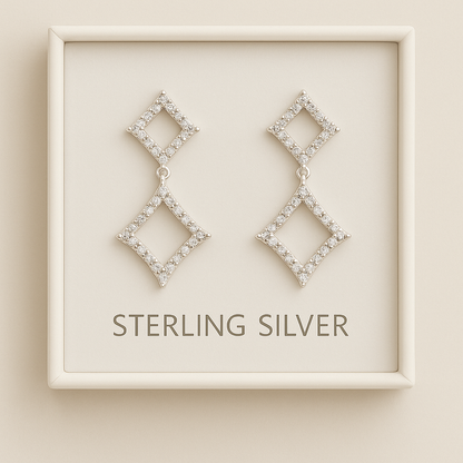 Sterling Silver CZ Geometric Drop Earrings – Double Diamond Design
