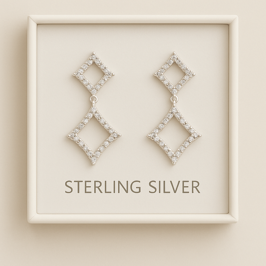 Sterling Silver CZ Geometric Drop Earrings – Double Diamond Design