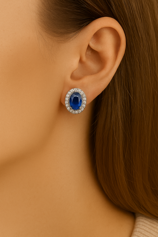 Silver Clear & Sapphire CZ Oval Stud Earings