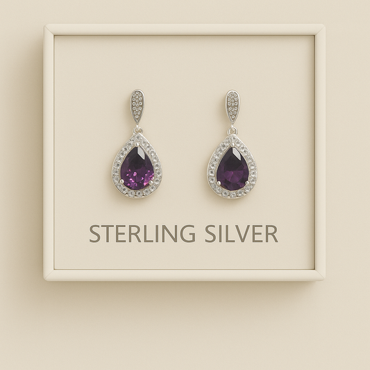 Elegant Teardrop Halo Earrings – Sterling Silver with Purple CZ