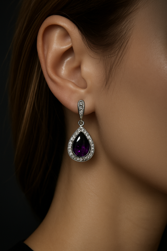 Elegant Teardrop Halo Earrings – Sterling Silver with Purple CZ