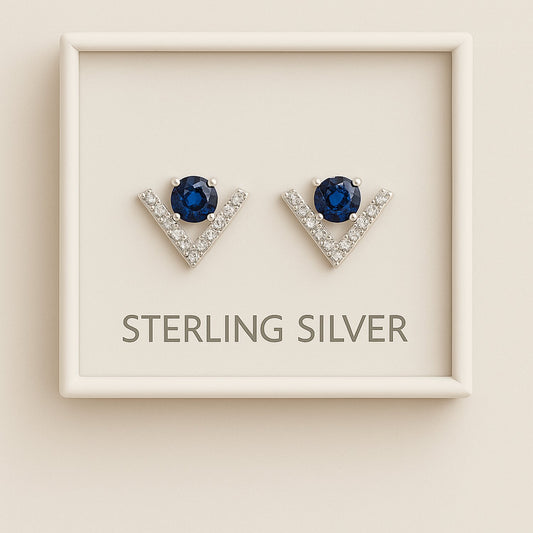 Modern V-Cut Earrings with Blue Center Stone – 925 Silver