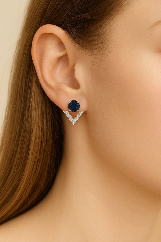 Modern V-Cut Earrings with Blue Center Stone – 925 Silver
