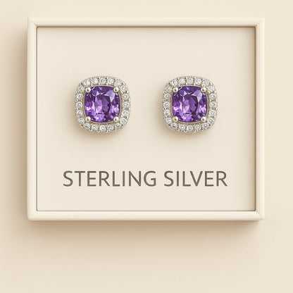 Sterling Silver Cushion-Cut Amethyst CZ Halo Stud Earrings