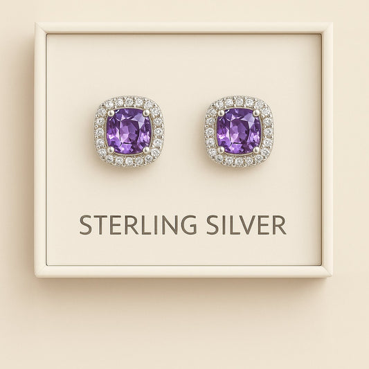 Sterling Silver Cushion-Cut Amethyst CZ Halo Stud Earrings
