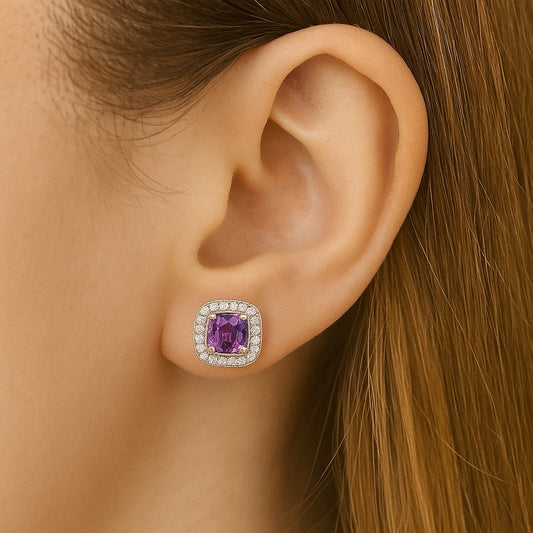 Sterling Silver Cushion-Cut Amethyst CZ Halo Stud Earrings