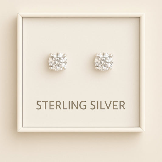 925 Sterling Silver CZ Stud Earrings – Round Solitaire 4-Claw Design