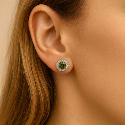 925 Sterling Silver Green Halo Stud Earrings – Round Cut with CZ Accent Stones
