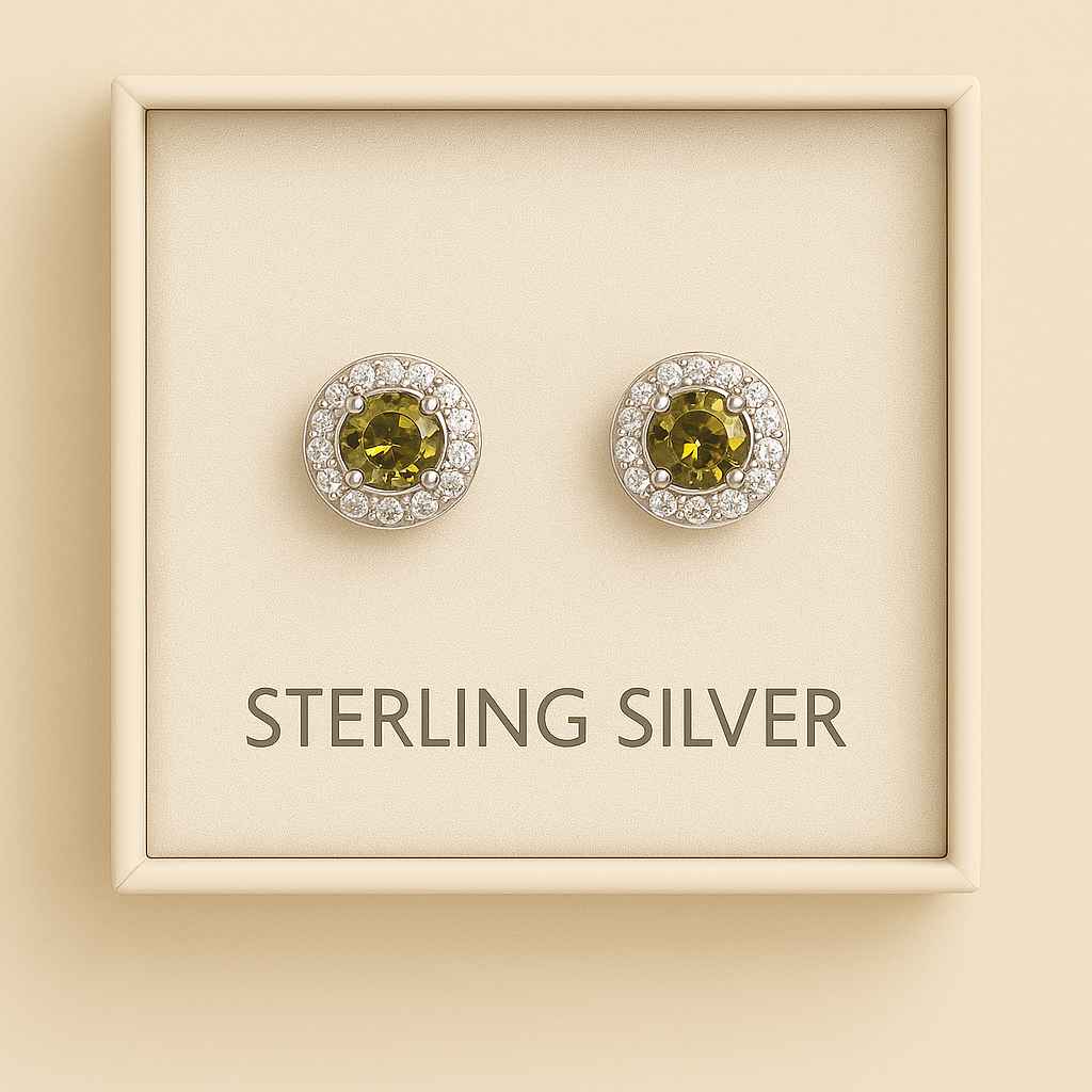 925 Sterling Silver Green Halo Stud Earrings – Round Cut with CZ Accent Stones