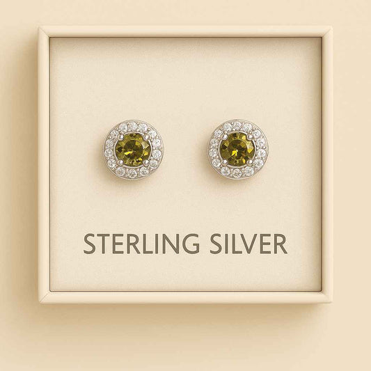 925 Sterling Silver Green Halo Stud Earrings – Round Cut with CZ Accent Stones