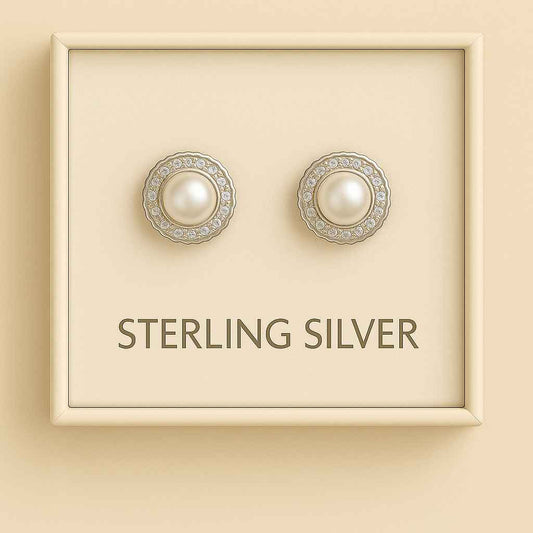 925 Sterling Silver Pearl Stud Earrings – CZ Halo Scallop Design