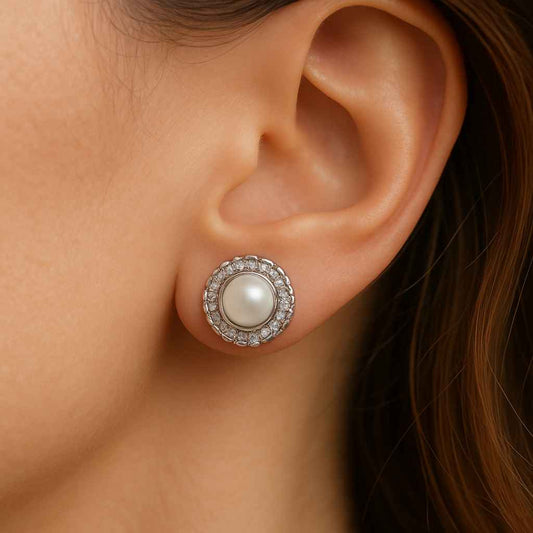 925 Sterling Silver Pearl Stud Earrings – CZ Halo Scallop Design