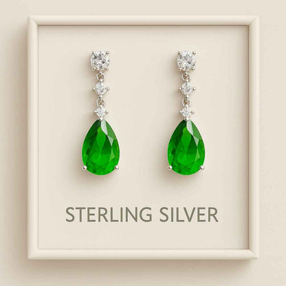 925 Sterling Silver Drop Earrings with Green Teardrop CZ – Elegant Dangle Design