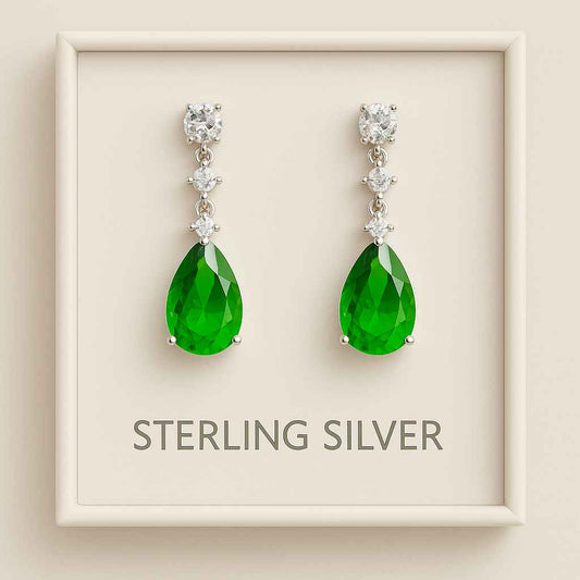 925 Sterling Silver Drop Earrings with Green Teardrop CZ – Elegant Dangle Design