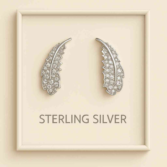 Elegant Sterling Silver Feather Earrings with CZ Crystals
