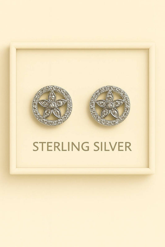 Sterling Silver Floral Halo Stud Earrings – Elegant Sparkle”