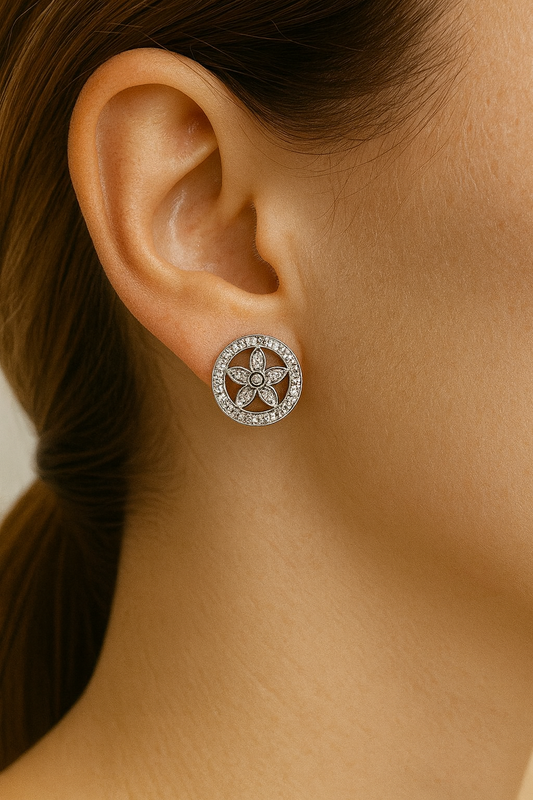 Sterling Silver Floral Halo Stud Earrings – Elegant Sparkle”